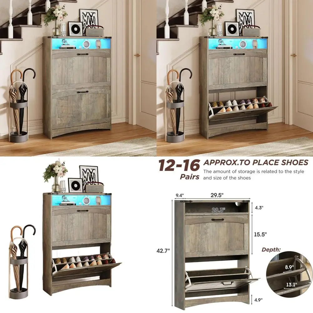 

Тонкий серый шкаф для обуви со скрытой полкой, открытыми отсеками и RGB-подсветкой для прихожей и коридора