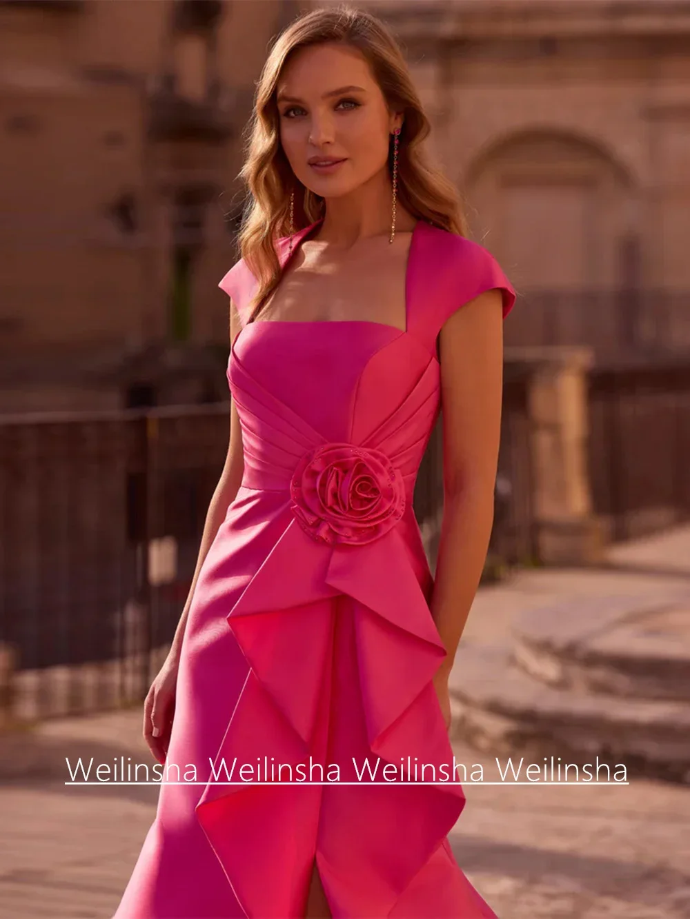 

Sexy Mother of The Bride Dress Cap Sleeve Square Neck Ruffles Flower Tea Length Godmom Wedding Guest Gown