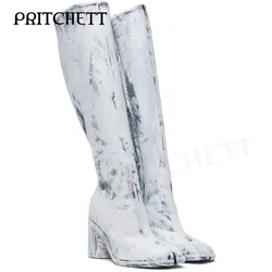 White Tabi Bianchetto Tall Boots Vintage Distressed Round Heel Knee Boots Fashion Party Graffiti Plus Size Elegant Women's Boots