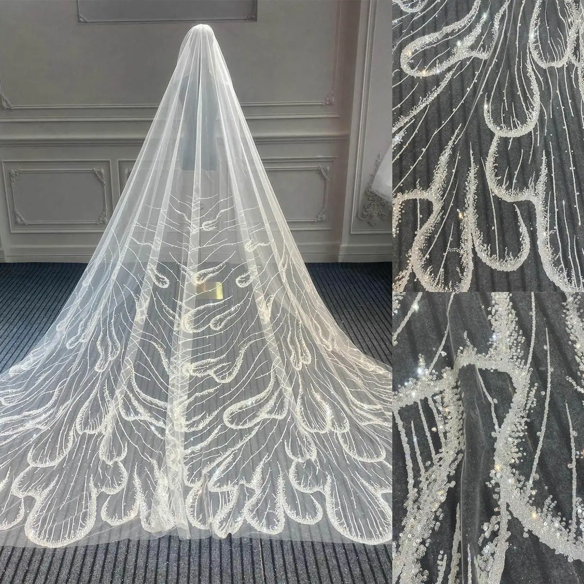 

Bridal Veils Luxurious White Ivory Cathedral Long Voile Mariage Sequined Wedding Veil Tulle With Comb Bride Accessories