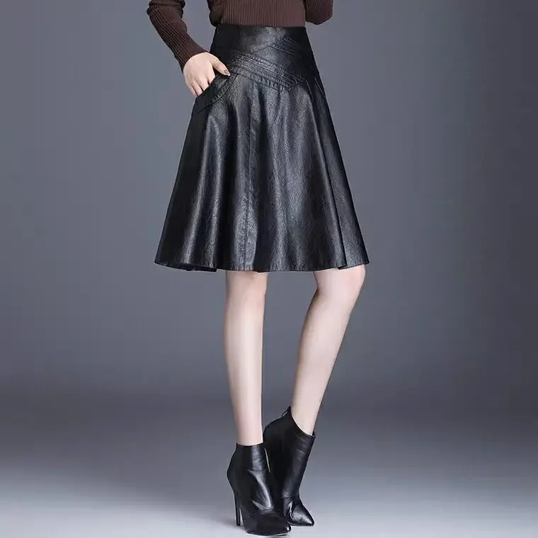 PU Leather Skirt Women\'s A- line Large-Size Knee-Length High-Waist Pleated Skirt Woman Skirts Mujer Faldas Saias Mulher