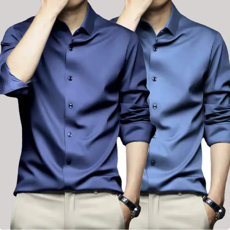 5XL Large High Quality Formal Dress Autumn Winter Men\'s Long Sleeve Pure Blue Shirt Non Iron Business Formal Social 2XL 3XL 4XL