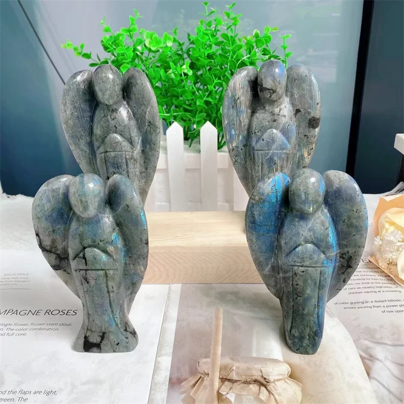 

14.5cm Natural Labradorite Crystal Angel Statue Carving Healing Lucky Gemstone Crafts For Home Desk Decoration 1pcs