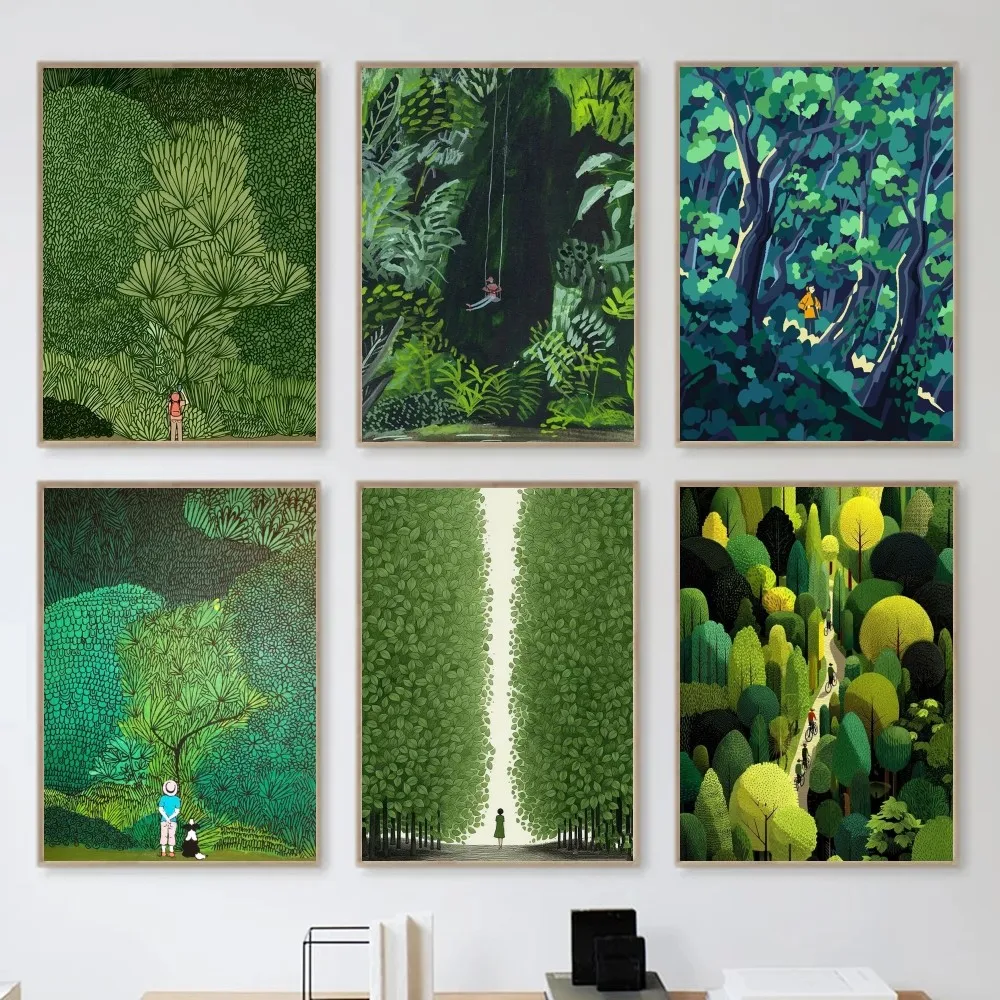 1pc Nordic Green Forest Jungle Explore Poster Self-adhesive Art Waterproof Paper Sticker Coffee House Bar Room Wall Decor