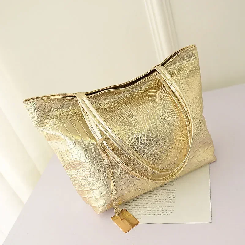 

Brand Fashion Casual Women Shoulder Silver Gold Black Crocodile Handbag PU Leather Female Big Tote Ladies Hand Bags Sac