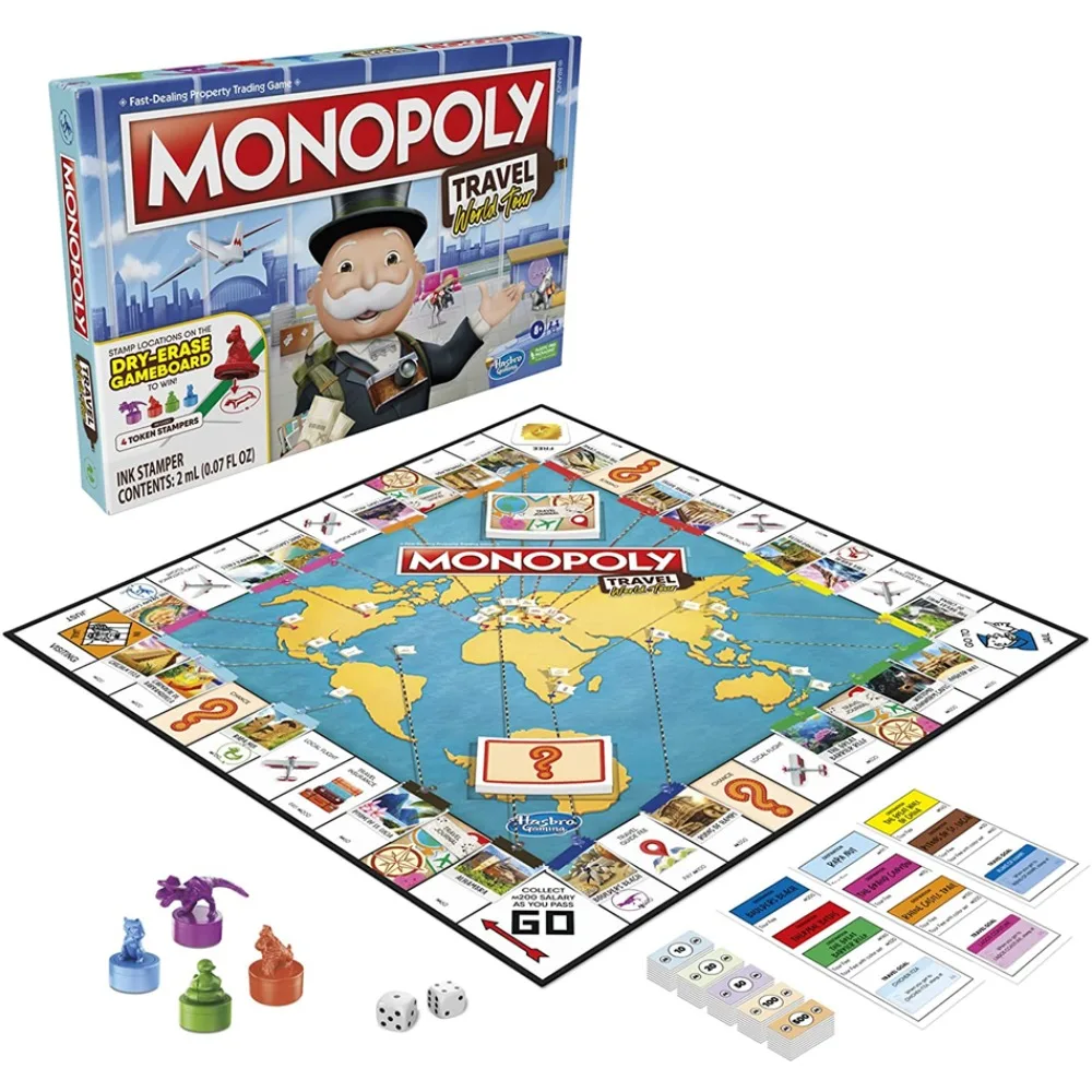 Hasbro Gaming Monopoly World Tour Board Game with Token Stampers Dry-Erase Strategy Classic Gameboard Family Kids Party Game