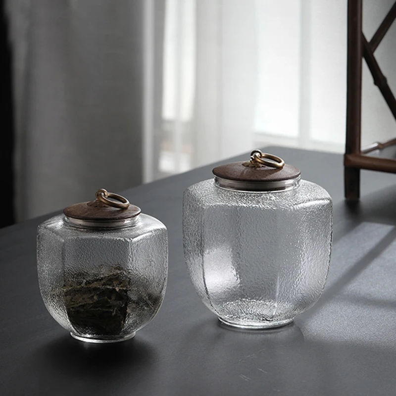 Japanese Vintage Copper Buckle Tea Caddies Hammer Textured Glass Sealed Storage Jar Wooden Cover Glass Small Tea Warehouse