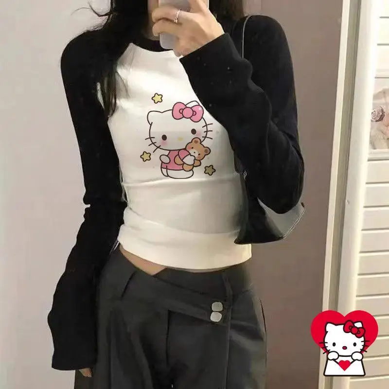 

Sanrios Kawaii футболка с длинными рукавами с героями мультфильмов «Hello Kitty», повседневная удобная свободная модная креативная новая стильная футболка для подруги