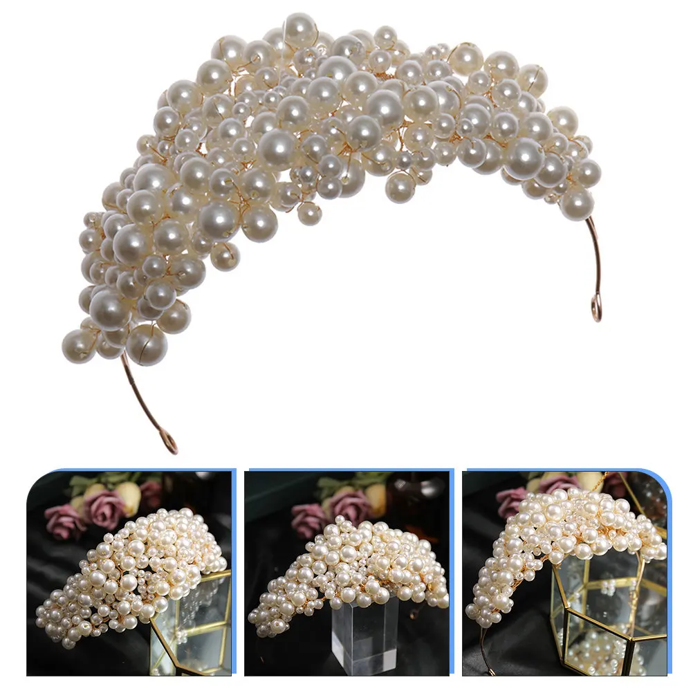 

Pearl Crown Wedding Hand-Woven Exquisite Bridal Hairwear Elegant Crown Tiara Photo Headdress Costume Accessory