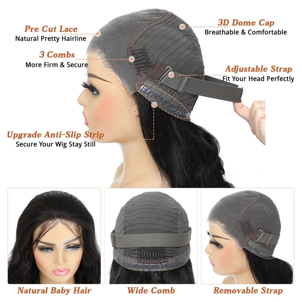 9x6 Glueless Wig Human Hair Pre Plucked Pre Cut Body Wave HD Closure Wig Human Hair Pre Bleached Knots With Baby Hair 250 Densit image 4