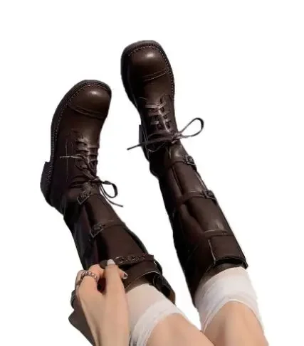 British Style Girls Black Brown Matte Leather Round Toe Lace Up Belt Buckle Med Heels Knee High Boots Women Leisure Long Boots