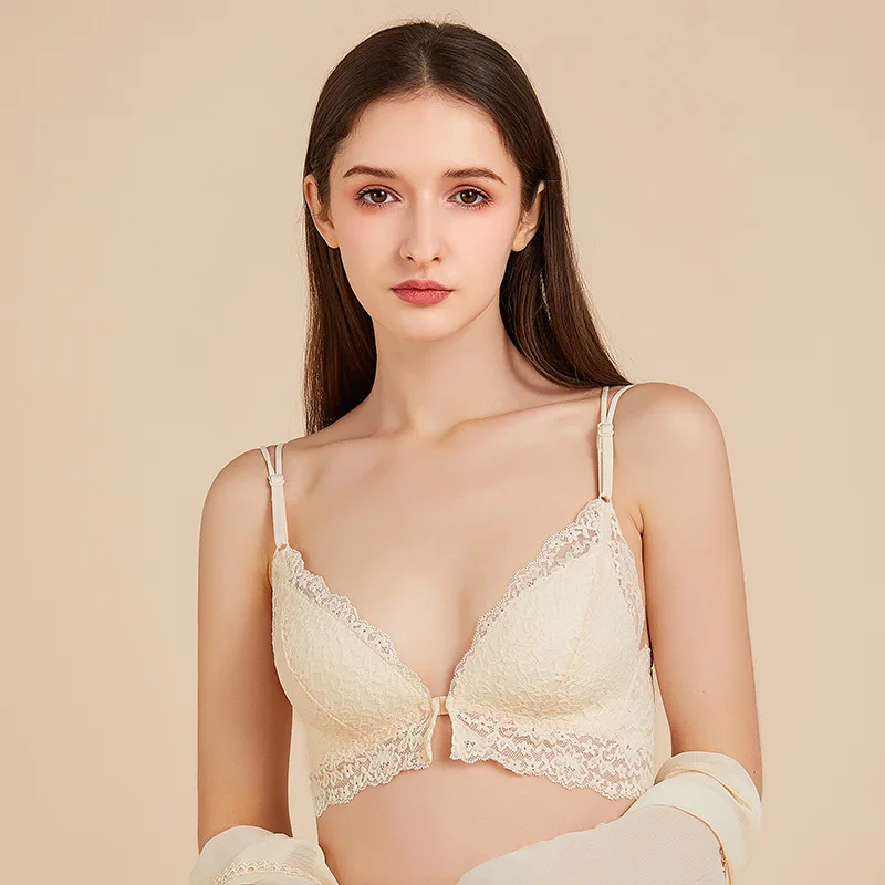 Birdtree 100%Mulberry Silk New Cordless Sexy Back Bra With Front Buckle Collar Women's Lace Underwear Casual Versatile P39345QC