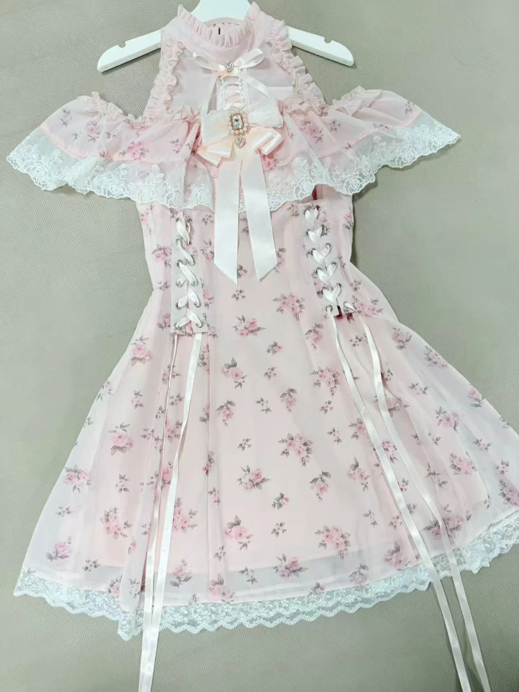 Summer Elegant Coquette Pink Floral Print Midi Dress Women Sweet Cold Shoulder Lace Trim Bow Rhinestone Party Casual Outfit