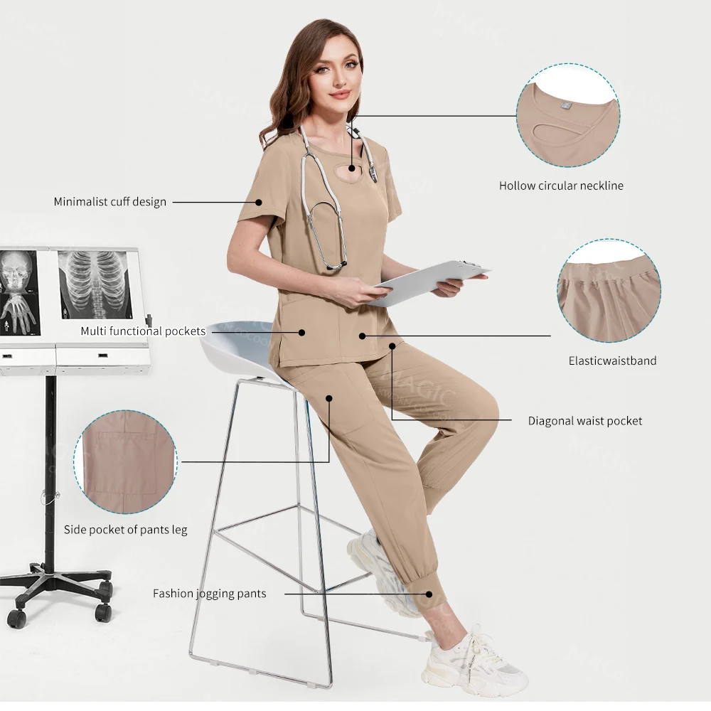 Breathable Lab Overall Nurse Accessories Beauty Salon Uniforms Elastic Slim Fit Tops+jogger Pants Suit Summer Dental Clinic Sets