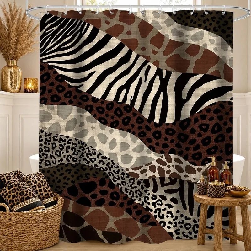Waterproof Shower Curtain No Drilling Animal Print Zebra Leopard Pattern Bathroom Decor with 12 Hooks
