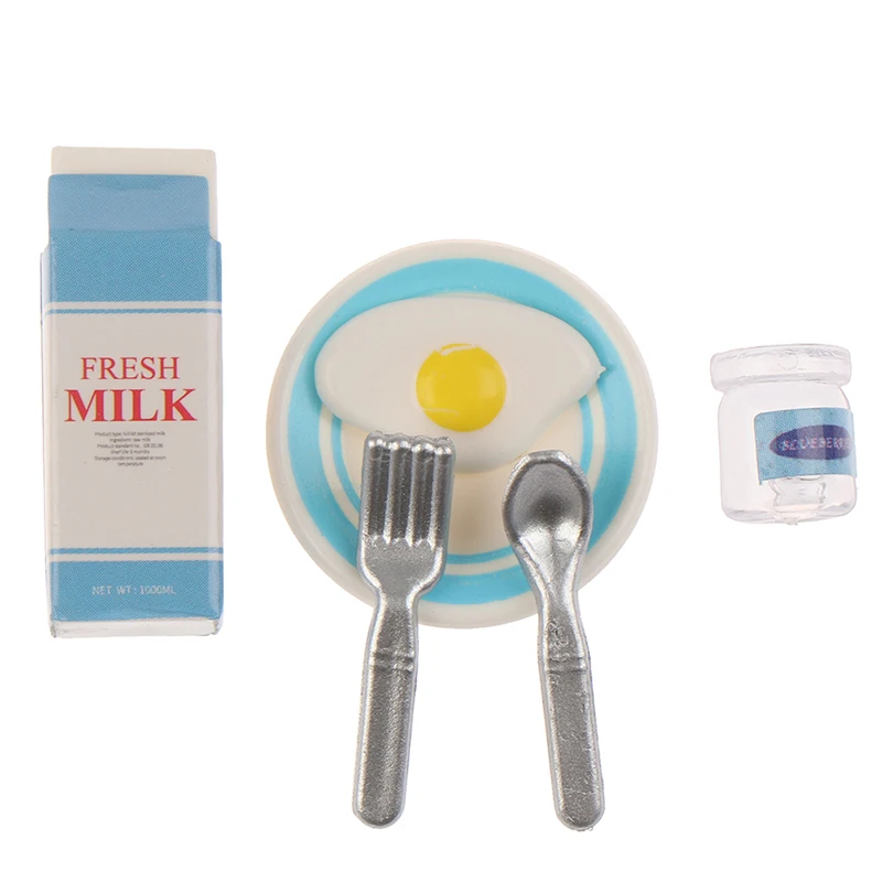 Miniatura Dollhouse Milk and Egg Breakfast Set, Bonecas Mini Barbies, Food Play, Acessórios de Cozinha, Brinquedos para Crianças, Escala 1:12