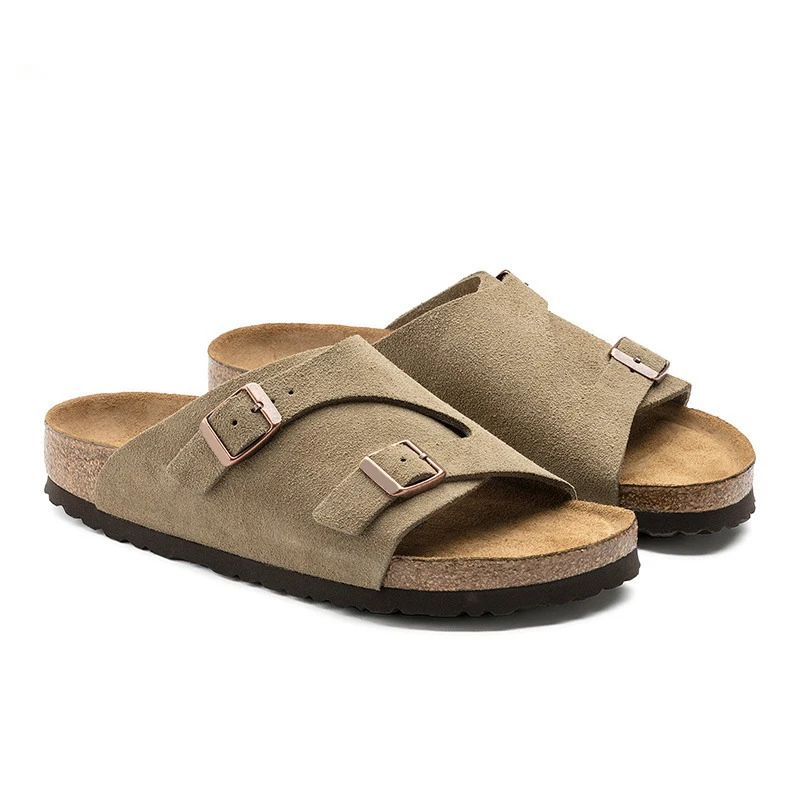 

Cork slippers for outdoor wear, genuine leather slide sandals, retro casual style,Arch-support German-style sandals