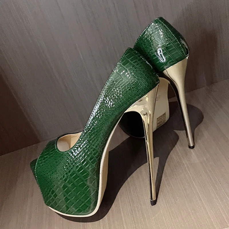 Liyke Runway Sexy Extreme High Heels For Women Platform Pumps Cozy Green Snake Print Leather Peep Toe Stripper Pole Dance Shoes