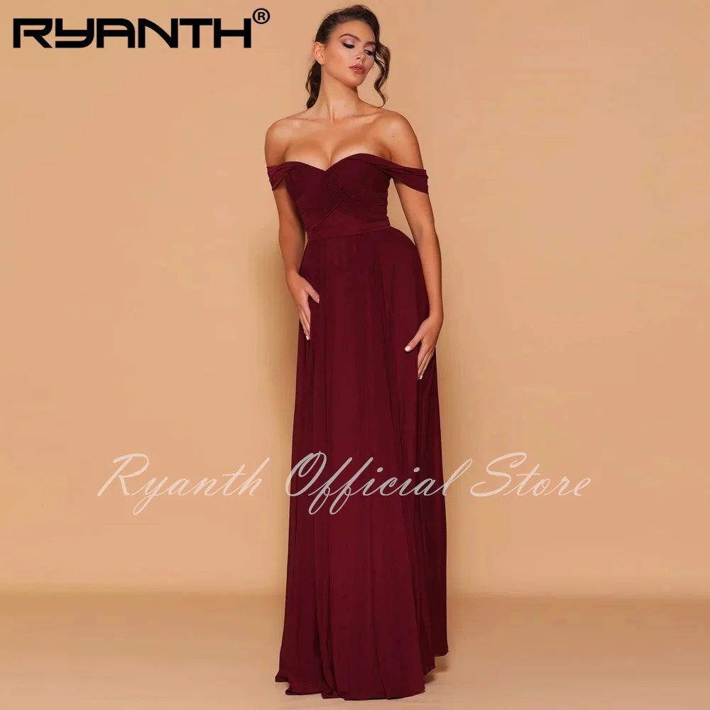 Ryanth New Off The Shoulder Bridesmaid Dresses Chffion Elegant Ruffles Evening Gowns Pleat A-Line Floor Length Vestidos De Noche