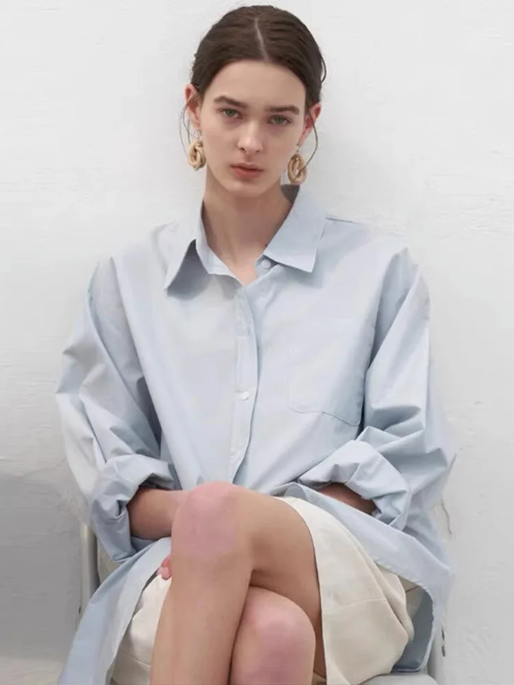 

Dave&di Blue Shirt For Women In Spring And Autumn 2025 New Loose And Niche Design Blue Long Sleeved Shirt Top