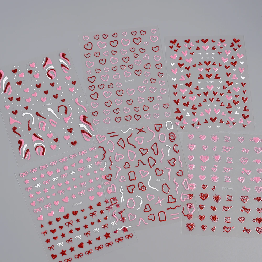 1Pc Red Pink White Heart Bow Nail Art Stickers with Glitter Sequins 5D Self Adhesive Nail Decorations Slider Decals DIY Manicure