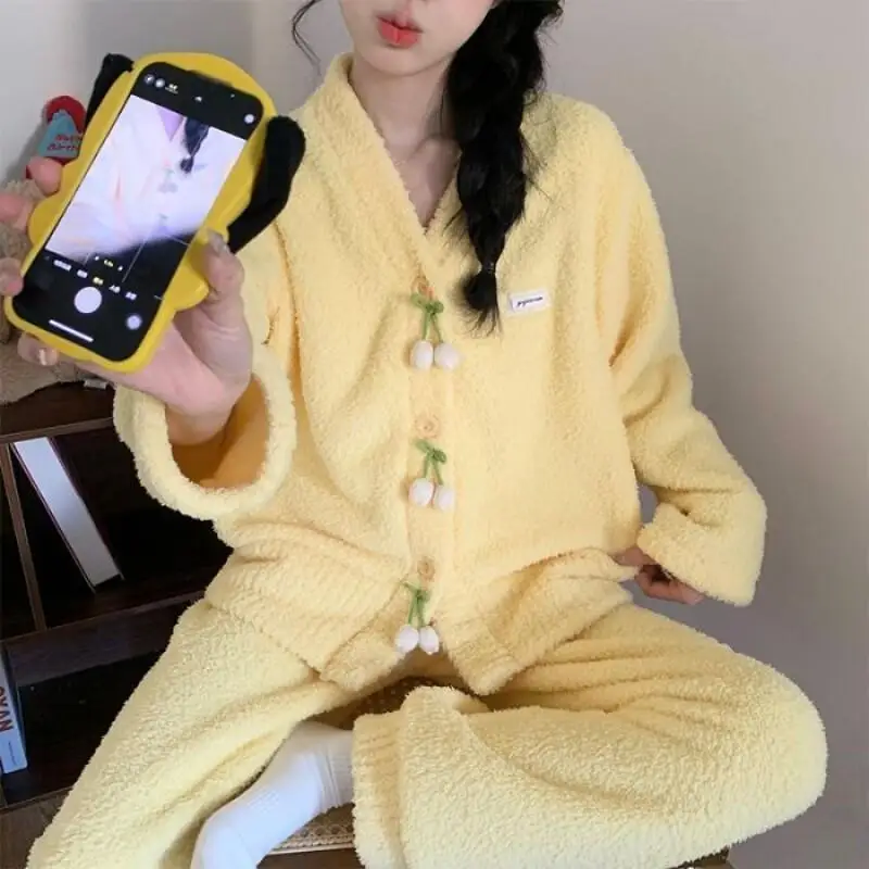 Модная домашняя одежда, полуфланелевая одежда для сна для женщин, пижамный комплект, бархатный утепленный коралловый бархат с милым цветком, домашний костюм, пижамные комплекты