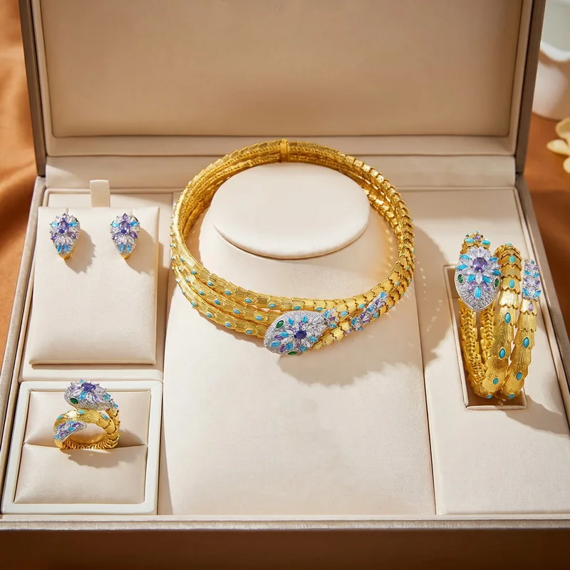 Europe America Earrings Ring Bracelet Three Layer Necklace Inlay Colored Cubic Zircon Snake Serpent Turquoise Jewelry Sets