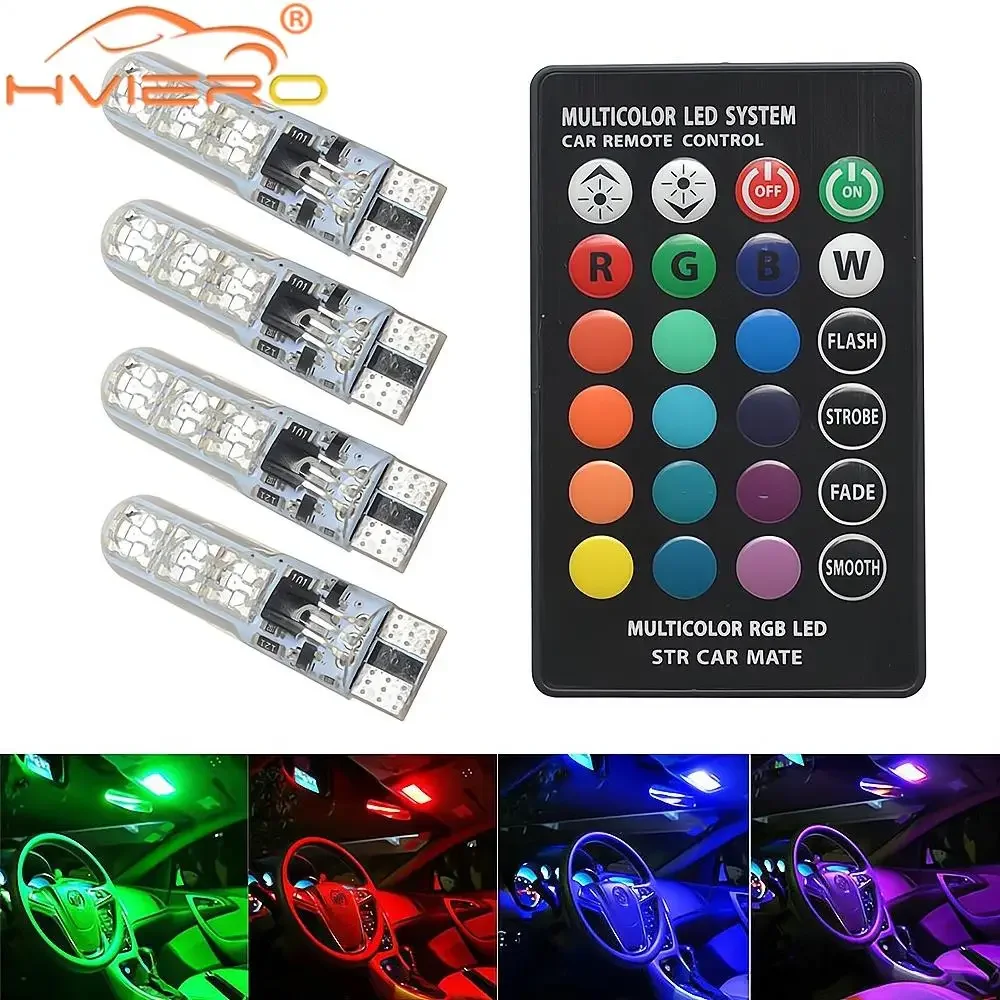 4X T10 5050 6SMD Car Signal Atmosphere Bulb DC 12V Waterproof W5W Remotes Controller RGB 194 168 Dome Light Silicone Wedge Side