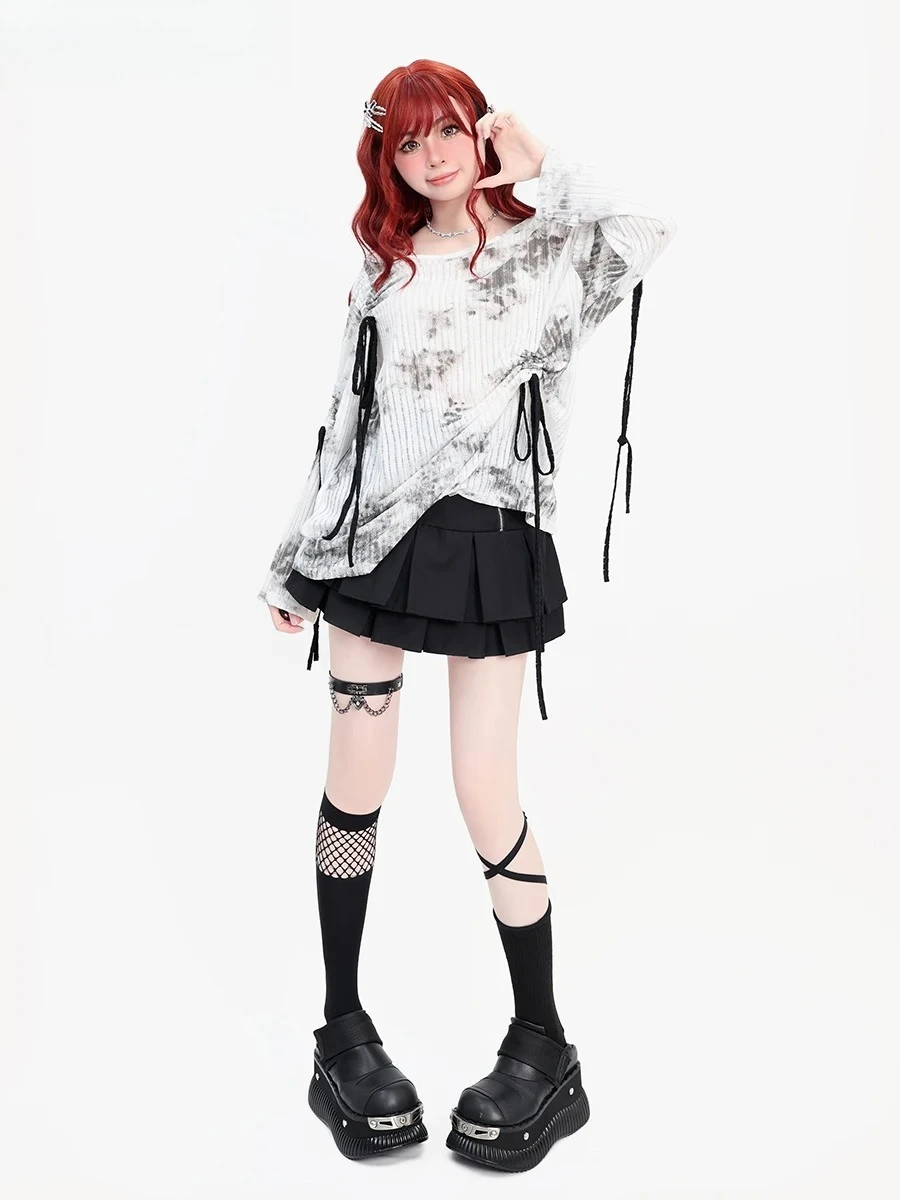 

Spring and Summer New Loose Sweet Cool One-word Collar Lace-up Versatile T-shirt Punk Drawstring Sunscreen Long-sleeved Top