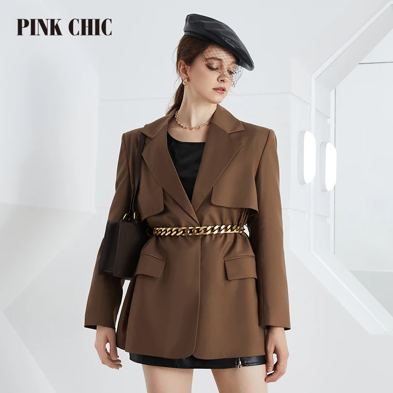 

PINK CHIC New Spring Autumn Women Midlength Lapel Collar Single Row Two Button Metal Belt Windbreaker Elegant Coat Trench 730