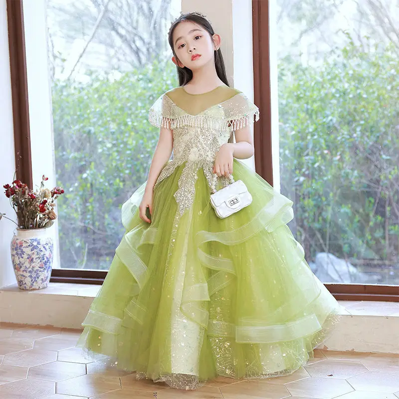 

Pearl beads Girls Dresses For Party Wedding Dress Sequins Children Pageant Gown birthday green Girls Princess Tulle long Dress