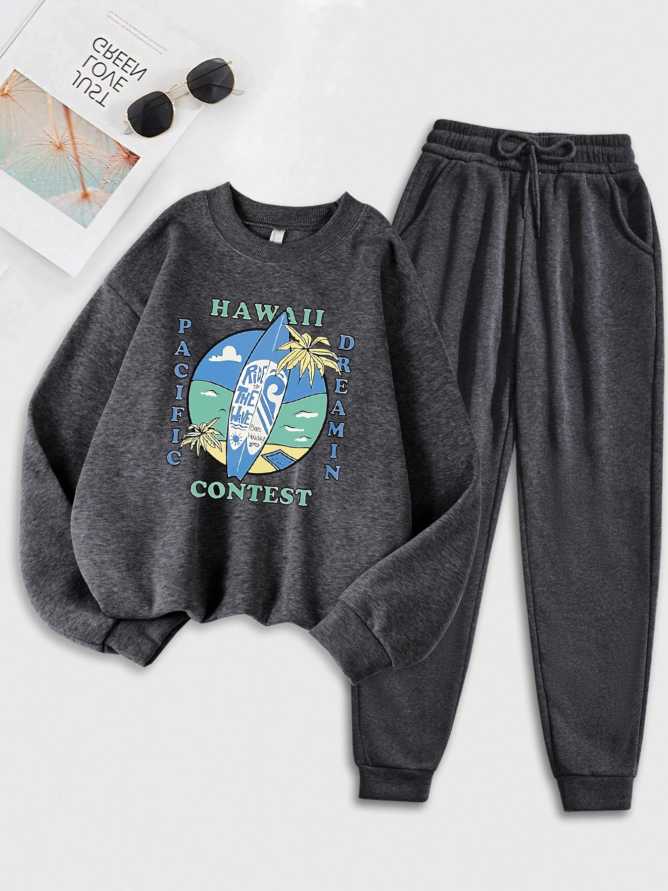 

Hawaii Pacific Dreamin Contest Pattern Спортивный комплект Женские теплые мягкие толстовки с длинными рукавами и круглым вырезом Повседневная свободная одежда