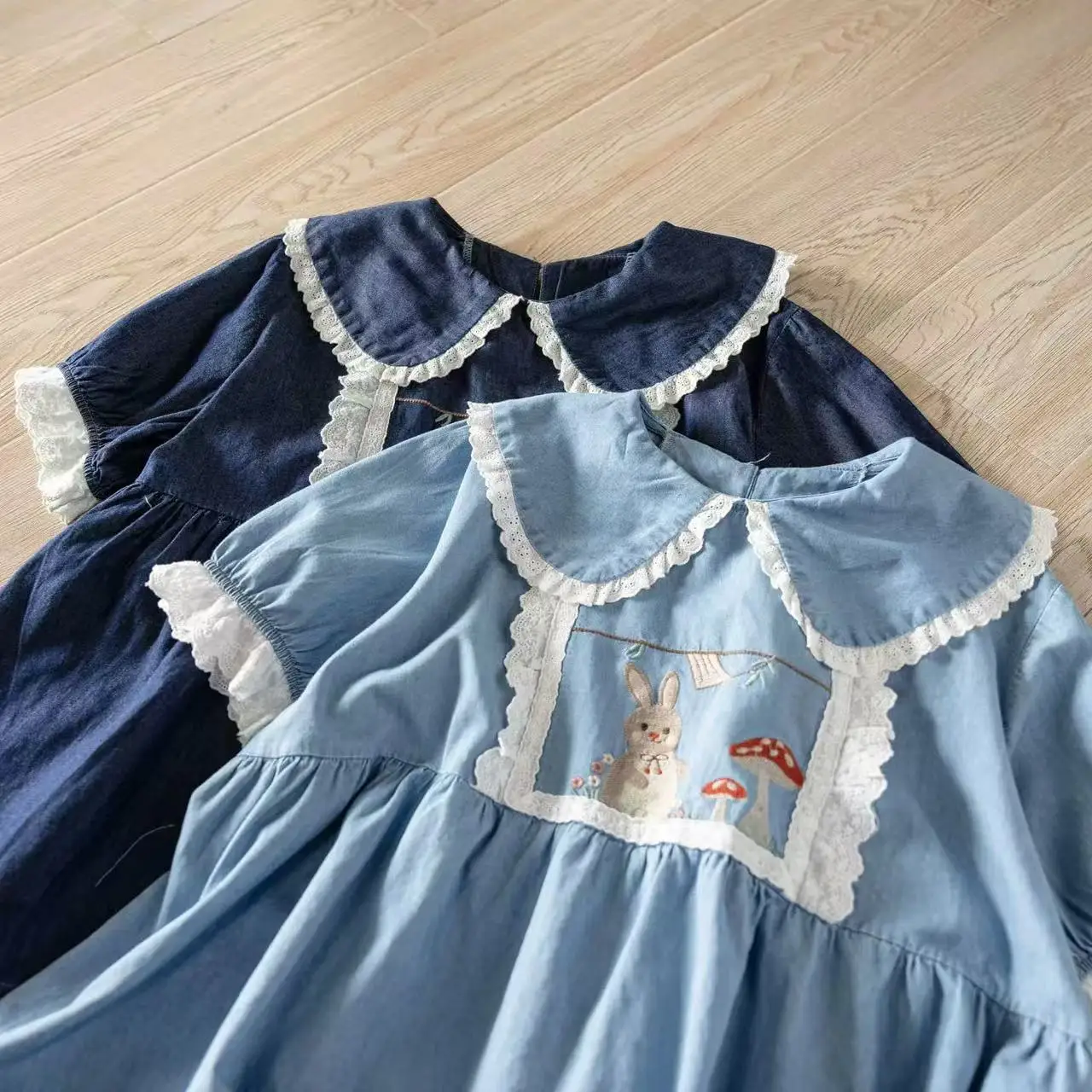 

2026 Women's Cute Denim Short Sleeve Blouse Mori Girl Peter Pan Collar Shirt with Rabbit Embroidery and Lace Trim Lightweight Su