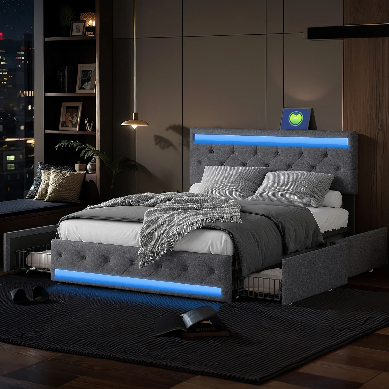 Comanlai 160×200cm Polsterbett mit 4 Schubladen, Doppelbett mit Stauraum, LED-Lichtleiste und USB-Ladeanschluss, Leinen, Dunkelgrau