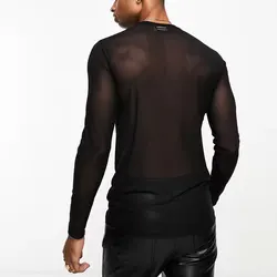Long Sleeved Drop Shoulder Perspective Tshirt for Men Sexy Nightclub Wear Fitness Breathable Mesh Bottom Shirt Performance Wear