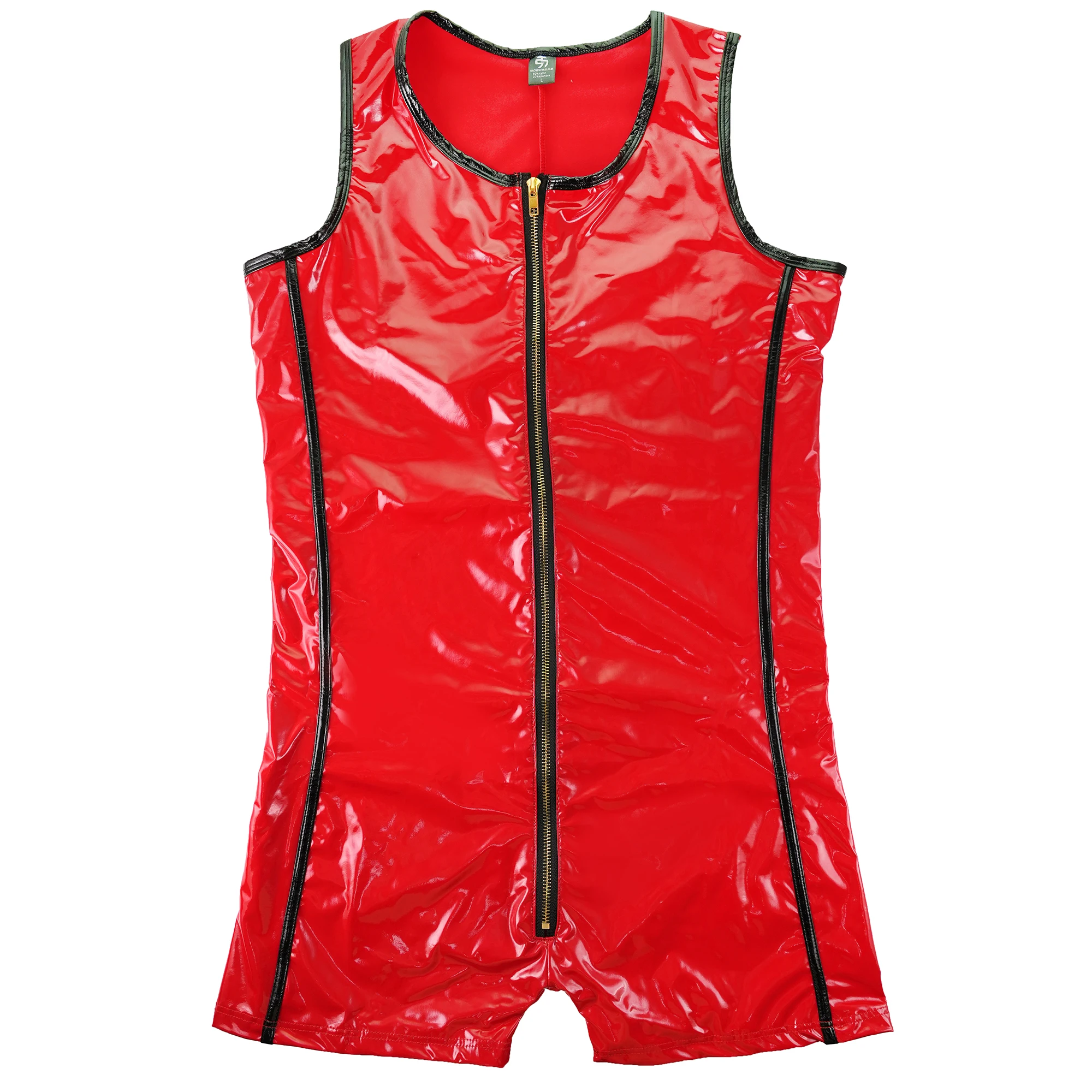 

New Men's Glossy PU Leather Jumpsuit Sexy Sleeveless Wrestling Singlet Zipper Latex Bodysuit Shiny Wet Look Male Dance Clubwear