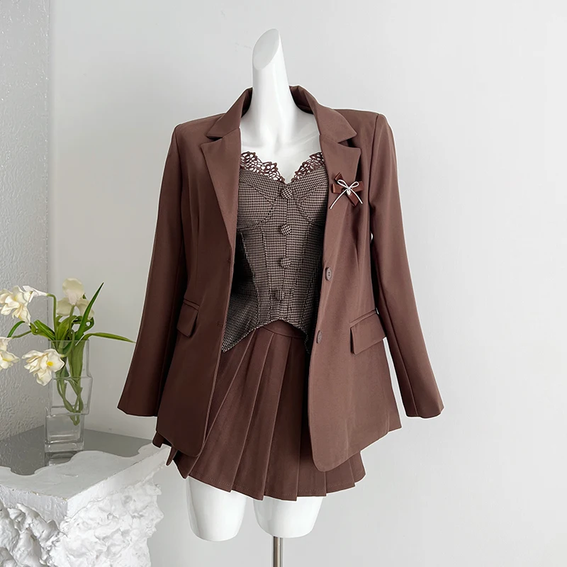 3-Piece Women Long Sleeve Blazer & Camisole & Skirt Spring Autumn College-style Elegant Fashion Office Ladies with Pleated Skirt