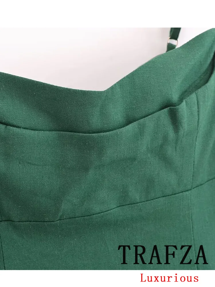 TRAFZA Vintage Casual Chic Women Dress Green SolidCami Backless Side Split Long Straight Dress New Fashion 2024 Summer Dress