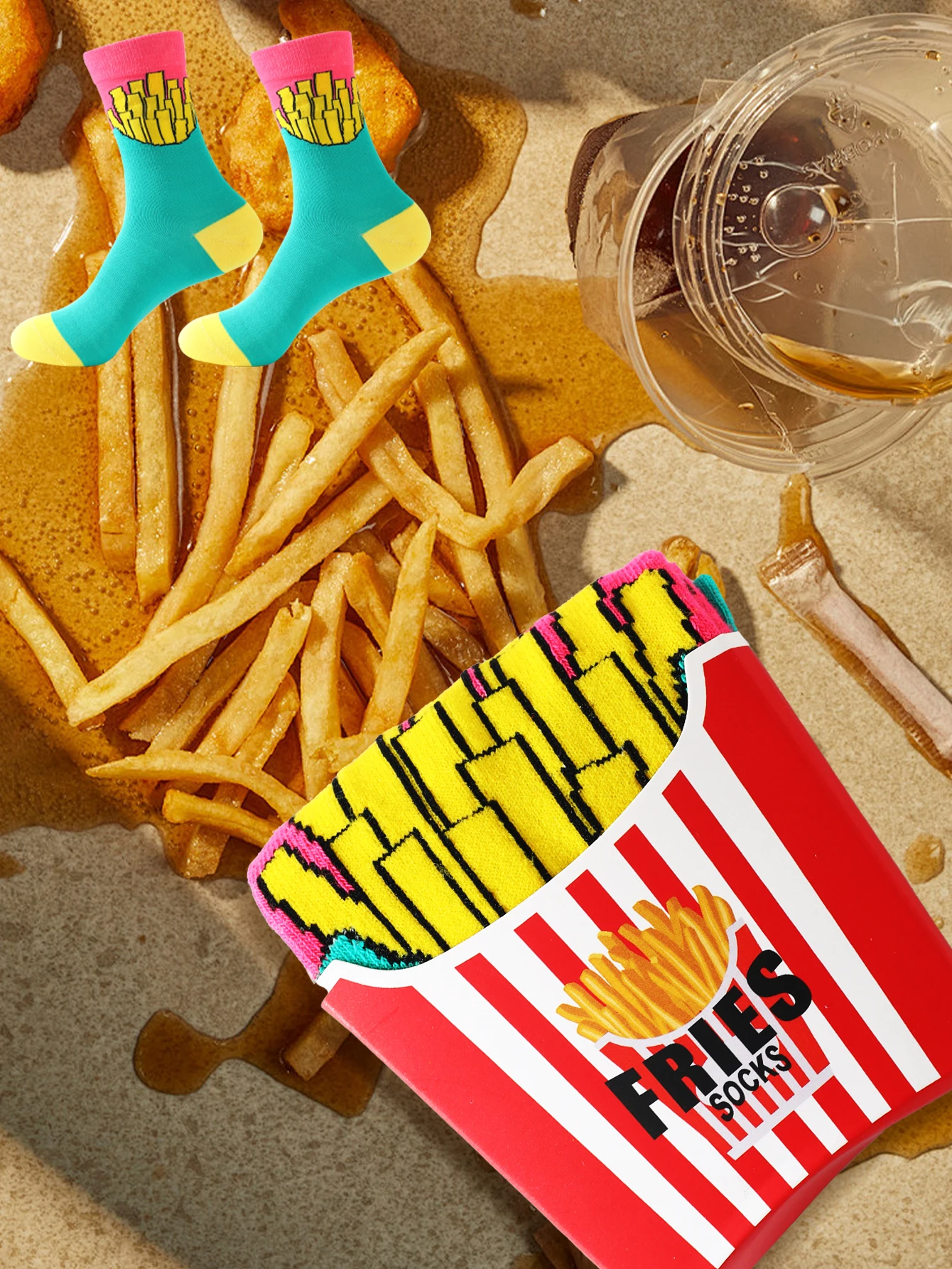 1 pasang kaus kaki unisex pertengahan betis dalam desain goreng Perancis yang baru, hadiah meriah yang unik dan menarik. Cocok untuk Paskah