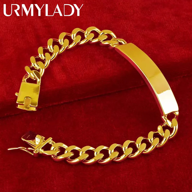 URMYLADY 18K Gold 10mm Side Chain Bracelet For Men Women Wedding Party Fashion Charm Jewelry Gifts