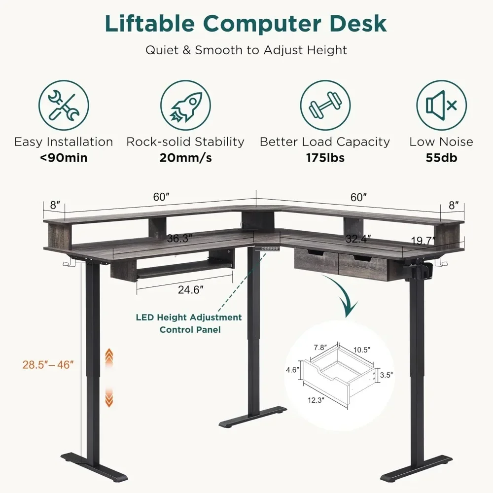 60 Inches L Shaped Electric Standing Desk,Height Adjustable Corner Gaming Desk with Drawers, Keyboard Tray Office Furniture