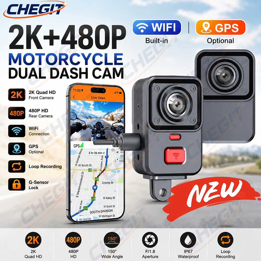 New Motorcycle Camera Dual lens 2K+480P HD DVR 170° Wide Angle Lens TypeC Loop Recording with GSensor WiFi Waterproof
