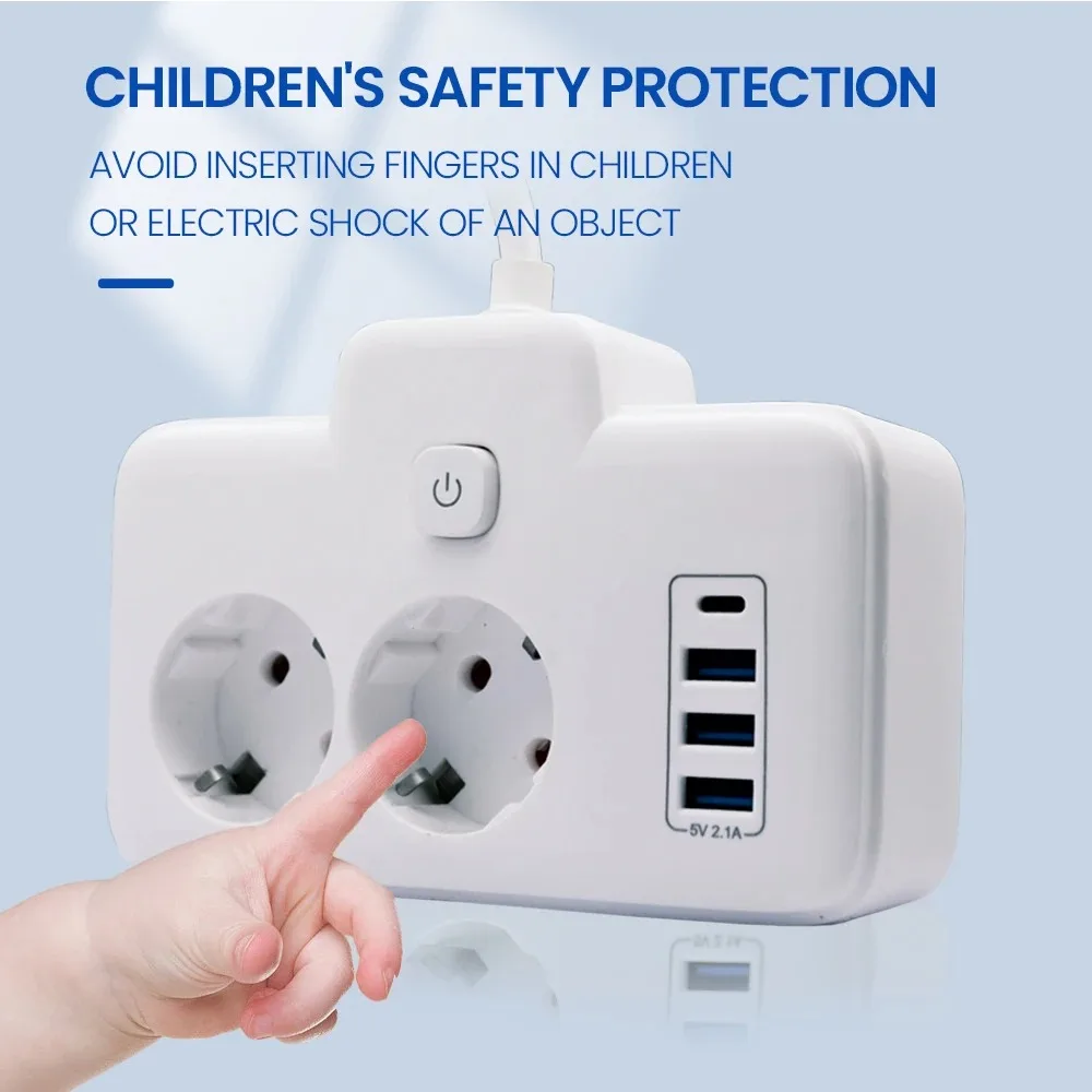 

EU Plug Outlet 2 Sockets Electrical Socket With USB Type-C Ports With Extension Cord 15CM Anti- leakage And Anti-electric Shock