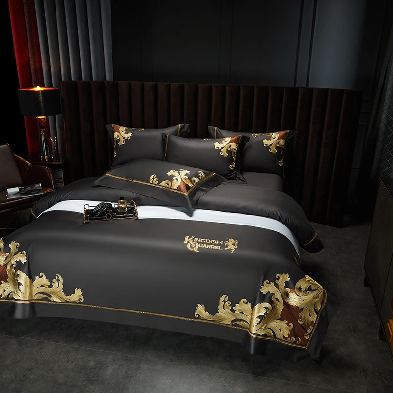 Grey European Luxury Gold Embroidery Bedding Set 1400TC Egyptian Cotton Duvet cover Set Bed Sheet Fitted Sheet Pillowcases 4Pcs