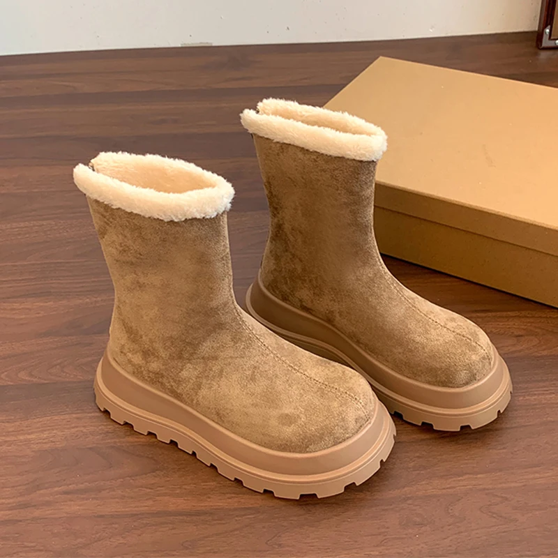 الفراء النساء الثلوج حذاء من الجلد الشقق الجلد المدبوغ أحذية منصة شتاء دافئ 2025 موضة قصيرة أفخم أحذية قطنية العلامة التجارية الجديدة Mujer Botas #1
