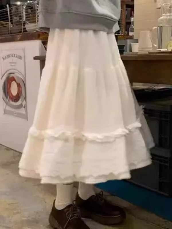 Elegant High Waist Lace Trim  Skirt in Soft Cream Color for Women Spring Summer Autumn Floral Embellished Cake Style Skirt