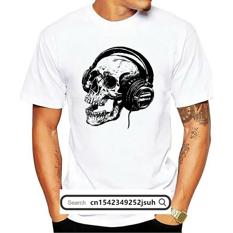 Crânio Fones De Ouvido Tela Impresso T Camisa Dos Homens S-5xl Banda Esqueleto Música Retro Harajuku Camiseta T Shirt Men Tees