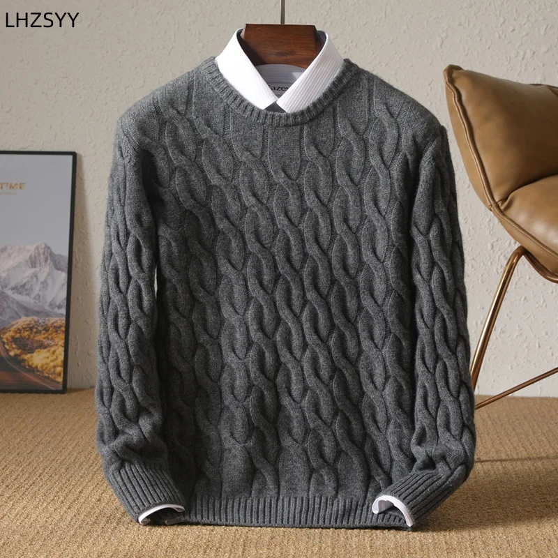 

Thicken Autumn Winter 100% Merino Sheep Mao Clothes Men's Classic O-Neck Knitted Pullover Loose Youth Twisted Sweater Warm Tops