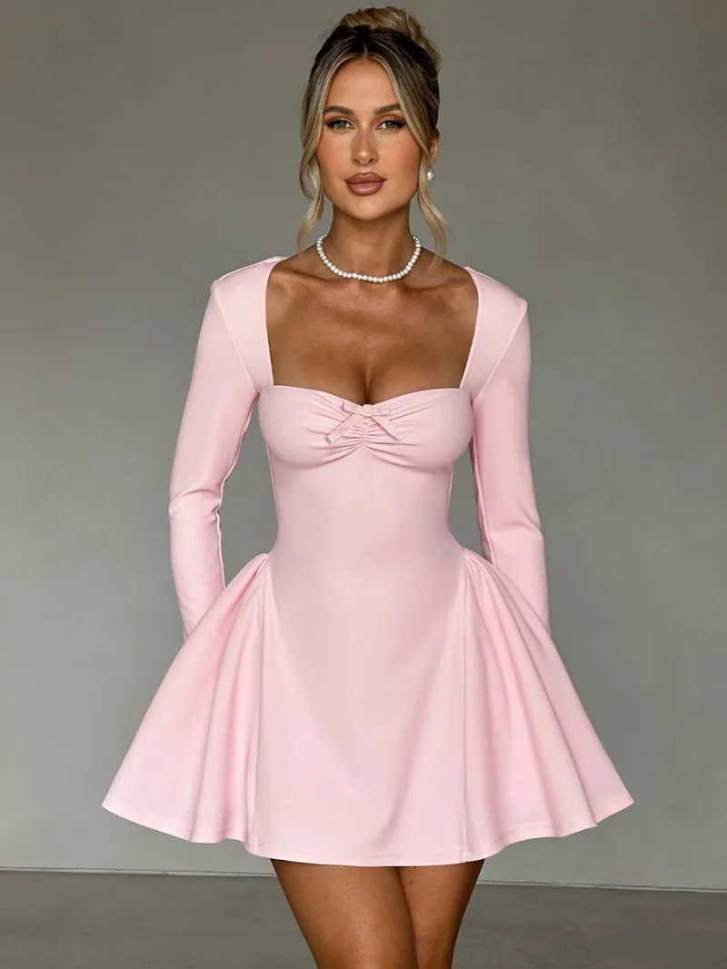 Woman Clothes Square Collar Bowknot Slim Fit Pink Birthday Party Dress 2025 Girls High Waist Ruched A-line Short Evening Dresses