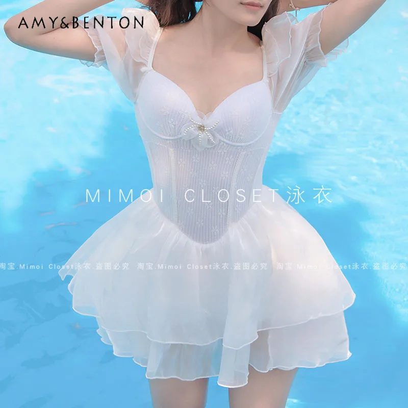 White Princess Tutu Dress Swimsuit Japanese Sexy Cute Ins One Piece Swimsuit Women Hot Girl Puff Sleeve Slim Bathing Suit Female